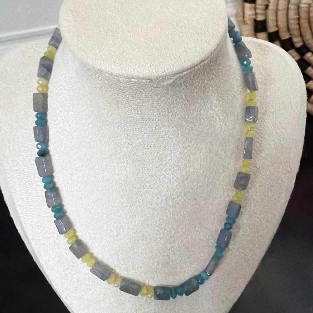 Second Bloom Studio Stained Glass Agate Necklace 15" + Extender Teal Blue